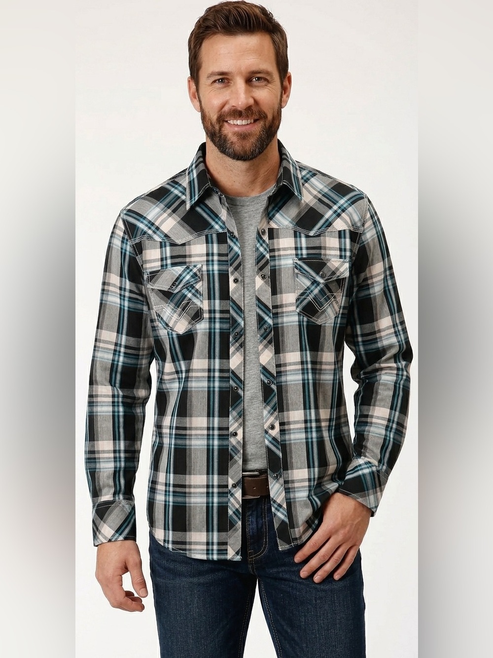 Rock & Roll Cowboy Men’s Plaid Long Sleeve Western Snap Button Shirt Size XL